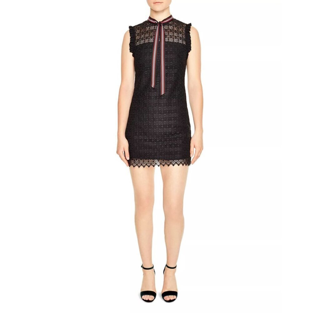 Sandro Black Fidele Tie-Neck Lace Mini Dress Size 2 - 41482 - Picture 2 of 12
